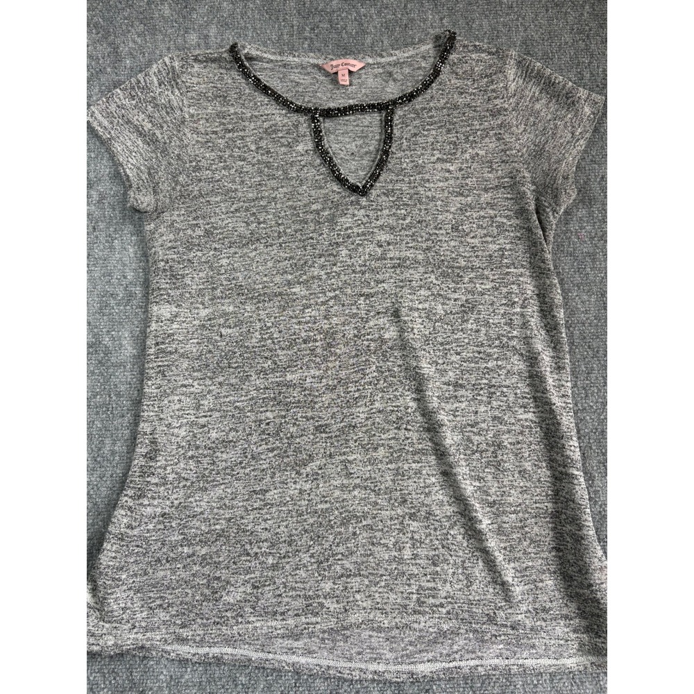Juicy Couture Gray Marl Beaded Keyhole Neck Short Sleeve Top Womens Medium